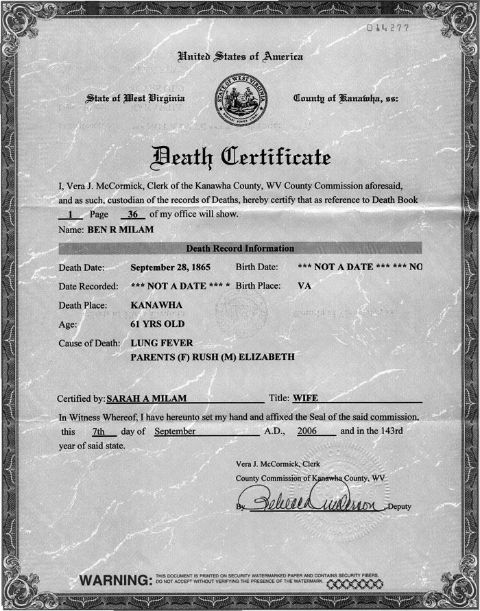 Benjamin R Milam's Death Certificate